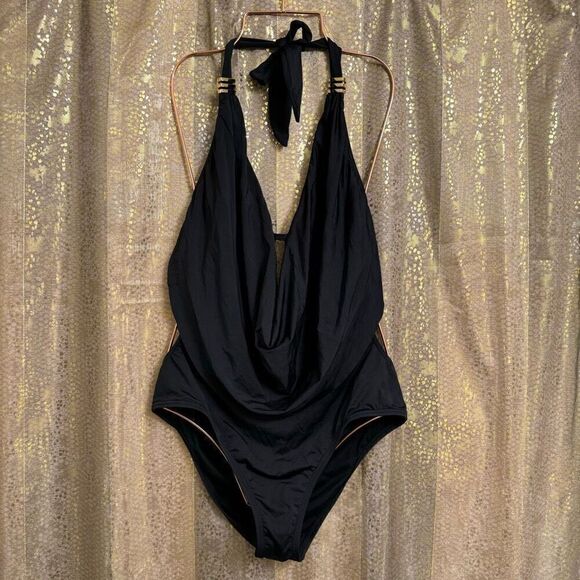 Bar III Black Solid Monokini One Piece Swimsuit Gold Accents Large - Picture 1 of 7